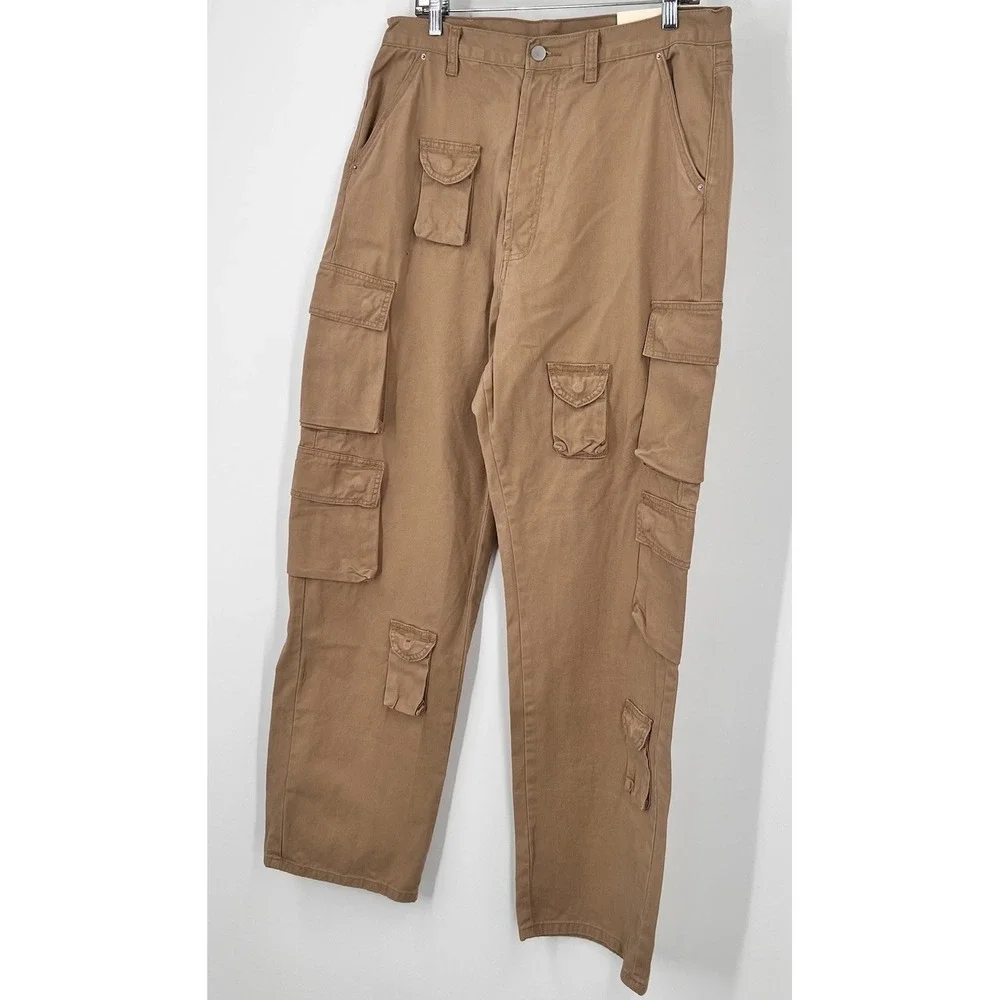 MNML Ultra Baggy Cargo Button Fly Pants Mens 34 Khaki Urban Relaxed‎ Wide Leg